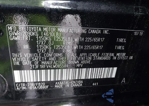2020 Toyota Rav4 Le from USA, damaged, VIN 2T3F1RFV4LW085584